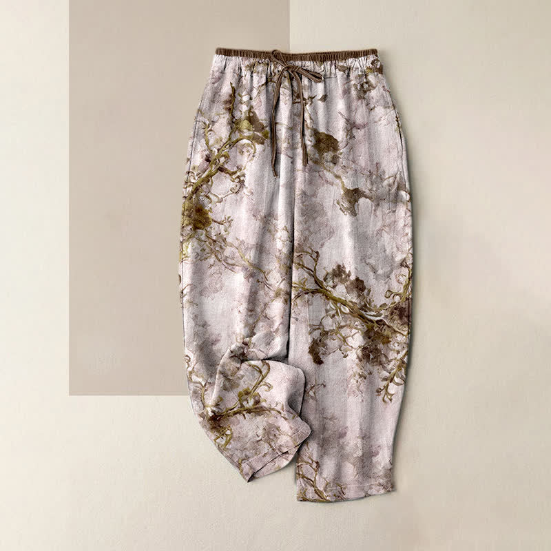 Buddha Stones Pantalon en pur coton pour femme avec poches, imprimé de branches et de motifs floraux - DarkGoldenrod - US16，UK/AU20，EU48 (3XL) - image 3