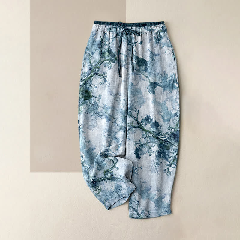 Buddha Stones Pantalon en pur coton pour femme avec poches, imprimé de branches et de motifs floraux - Vert d'eau - US16，UK/AU20，EU48 (3XL) - image 4