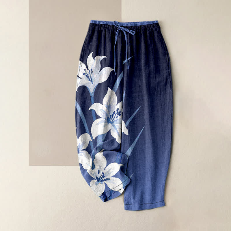 Buddha Stones Pantalon femme en pur coton imprimé lys, taille élastique avec cordon de serrage et poches - Bleu royal - US16，UK/AU20，EU48 (3XL) - image 0