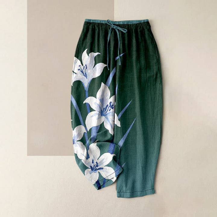 Buddha Stones Pantalon femme en pur coton imprimé lys, taille élastique avec cordon de serrage et poches - Vert d'eau - US16，UK/AU20，EU48 (3XL) - image 4