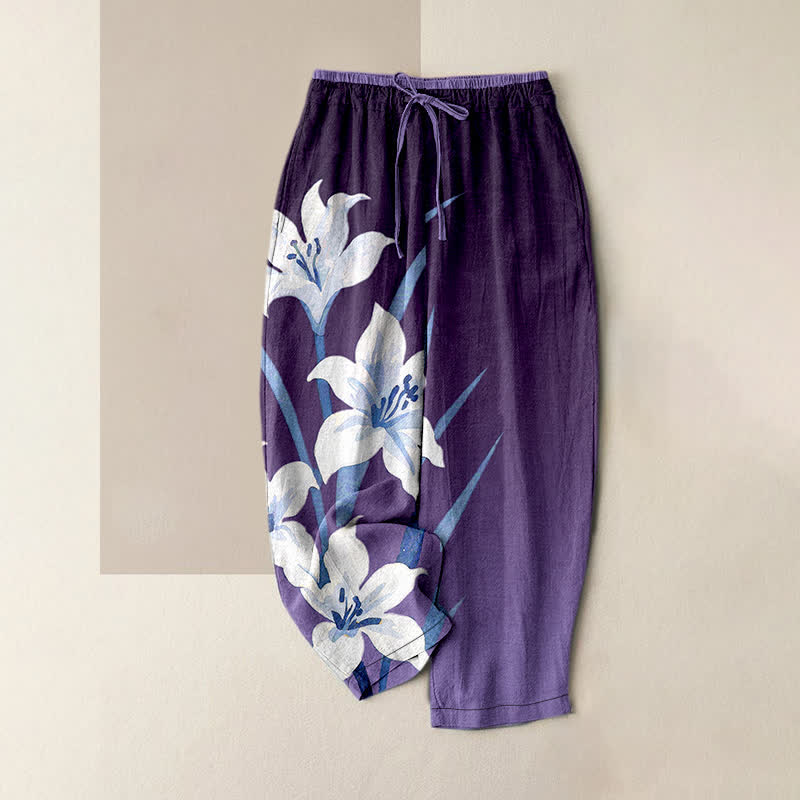 Buddha Stones Pantalon femme en pur coton imprimé lys, taille élastique avec cordon de serrage et poches - Indigo - US16，UK/AU20，EU48 (3XL) - image 5