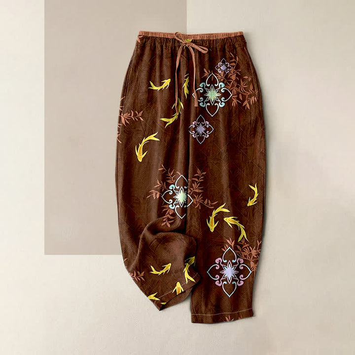 Buddha Stones Pantalon femme en coton à cordon de serrage et poches, imprimé de carpes koï et motifs géométriques - SaddleBrown - US16，UK/AU20，EU48 (3XL) - image 3