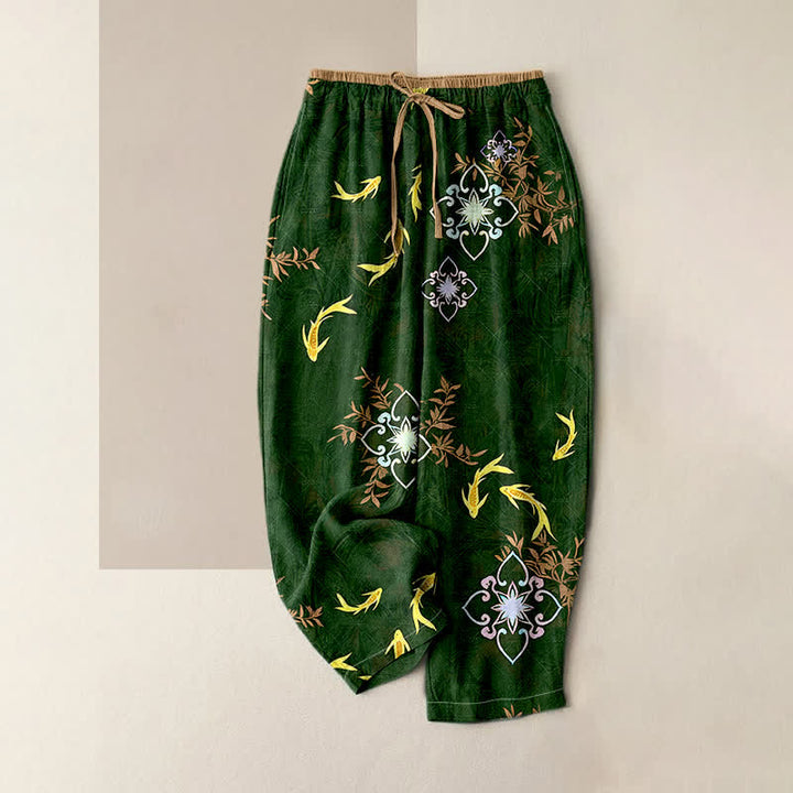 Buddha Stones Pantalon femme en coton à cordon de serrage et poches, imprimé de carpes koï et motifs géométriques - Vert foncé - US16，UK/AU20，EU48 (3XL) - image 0