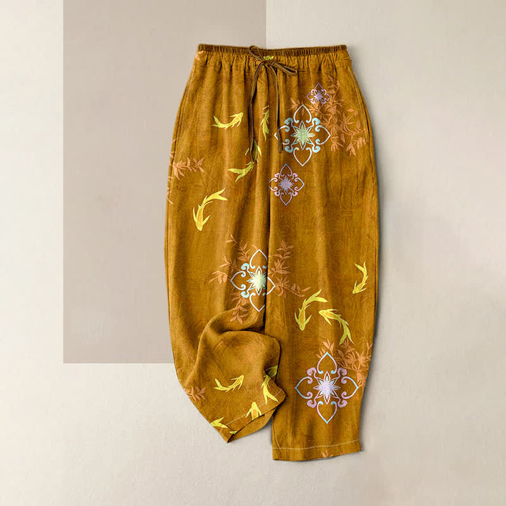 Buddha Stones Pantalon femme en coton à cordon de serrage et poches, imprimé de carpes koï et motifs géométriques - DarkGoldenrod - US16，UK/AU20，EU48 (3XL) - image 6