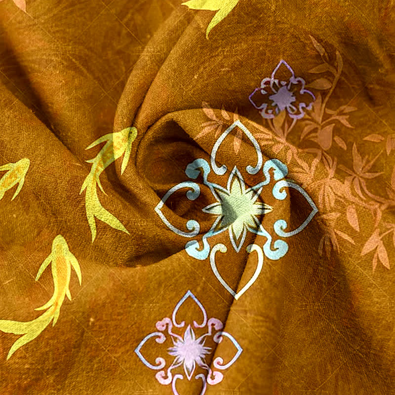 Buddha Stones Pantalon femme en coton à cordon de serrage et poches, imprimé de carpes koï et motifs géométriques - image 8