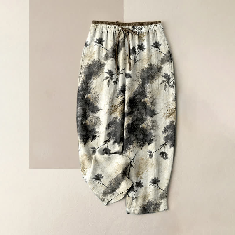 Buddha Stones Pantalon en pur coton pour femme, à motif floral peint à l'encre, avec cordon de serrage élastique et poches - Beige - US16，UK/AU20，EU48 (3XL) - image 0
