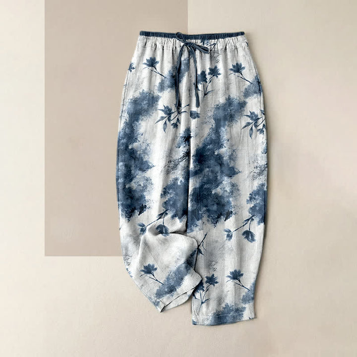 Buddha Stones Pantalon en pur coton pour femme, à motif floral peint à l'encre, avec cordon de serrage élastique et poches - SteelBlue - US16，UK/AU20，EU48 (3XL) - image 3