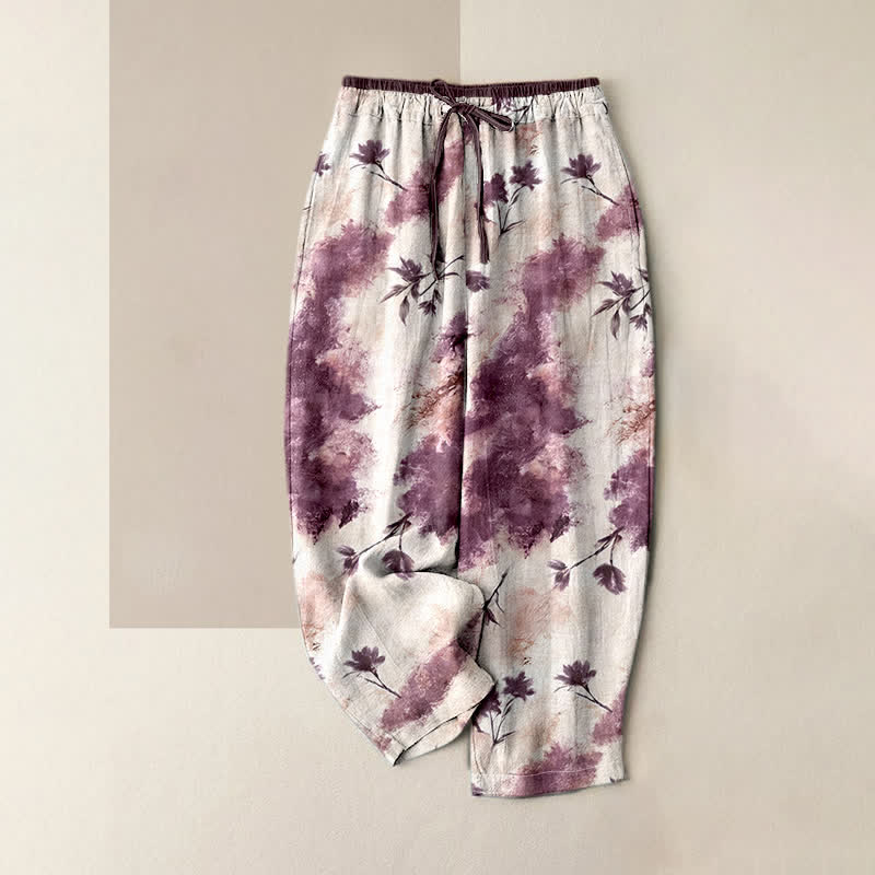 Buddha Stones Pantalon en pur coton pour femme, à motif floral peint à l'encre, avec cordon de serrage élastique et poches - Rouge violet pâle - US16，UK/AU20，EU48 (3XL) - image 6