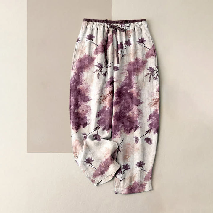 Buddha Stones Pantalon en pur coton pour femme, à motif floral peint à l'encre, avec cordon de serrage élastique et poches - Rouge violet pâle - US16，UK/AU20，EU48 (3XL) - image 6
