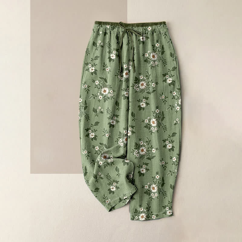 Buddha Stones Pantalon femme en pur coton à petits motifs floraux, taille élastique et poches - Vert foncé - US16，UK/AU20，EU48 (3XL) - image 0
