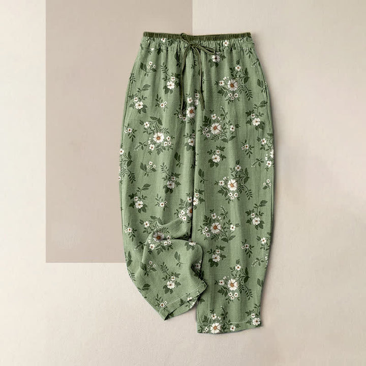 Buddha Stones Pantalon femme en pur coton à petits motifs floraux, taille élastique et poches - Vert foncé - US16，UK/AU20，EU48 (3XL) - image 0
