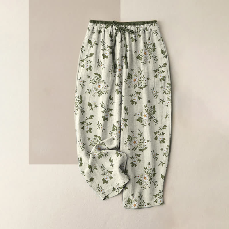 Buddha Stones Pantalon femme en pur coton à petits motifs floraux, taille élastique et poches - Beige - US16，UK/AU20，EU48 (3XL) - image 3