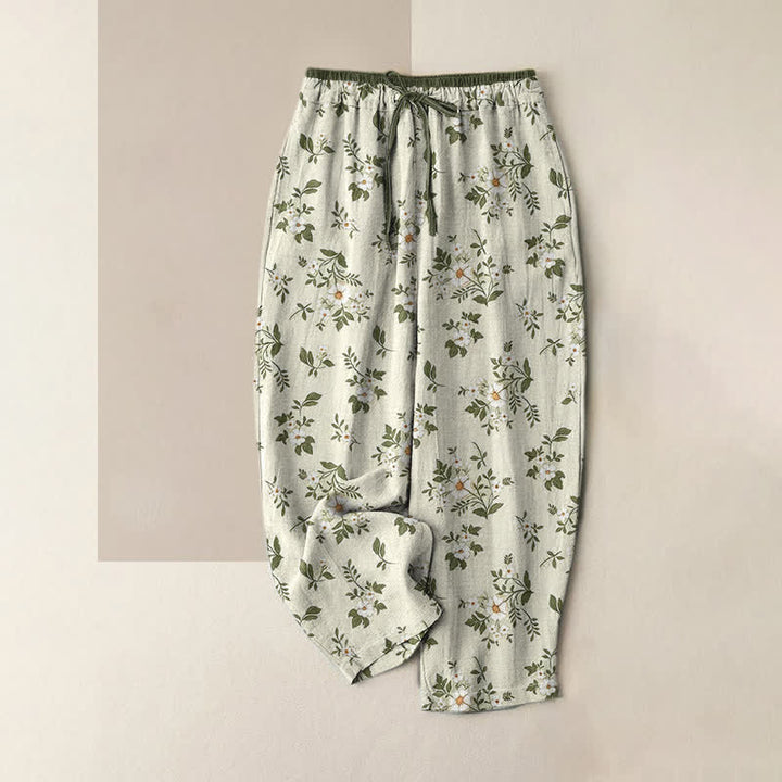 Buddha Stones Pantalon femme en pur coton à petits motifs floraux, taille élastique et poches - Beige - US16，UK/AU20，EU48 (3XL) - image 3