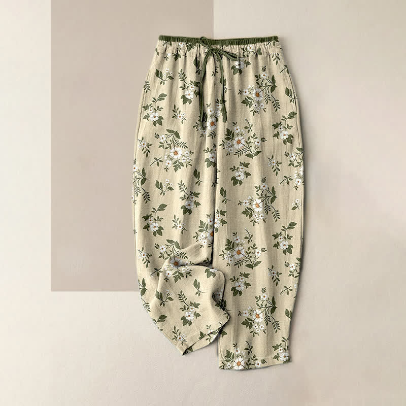 Buddha Stones Pantalon femme en pur coton à petits motifs floraux, taille élastique et poches - Jaune d'or pâle - US16，UK/AU20，EU48 (3XL) - image 6