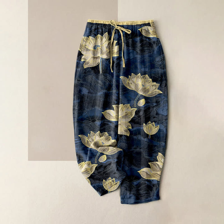 Buddha Stones Pantalon pour femme en pur coton à motif lotus, taille élastique et poches - Bleu foncé - US16，UK/AU20，EU48 (3XL) - image 0
