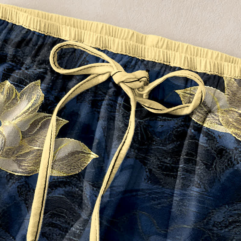 Buddha Stones Pantalon pour femme en pur coton à motif lotus, taille élastique et poches - image 1