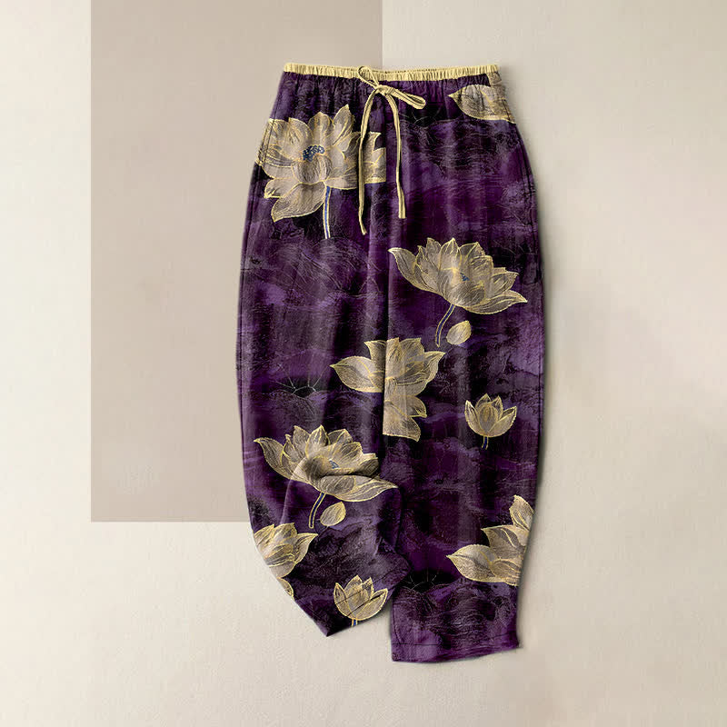 Buddha Stones Pantalon pour femme en pur coton à motif lotus, taille élastique et poches - Violet - US16，UK/AU20，EU48 (3XL) - image 4