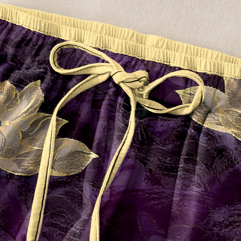 Buddha Stones Pantalon pour femme en pur coton à motif lotus, taille élastique et poches - image 5