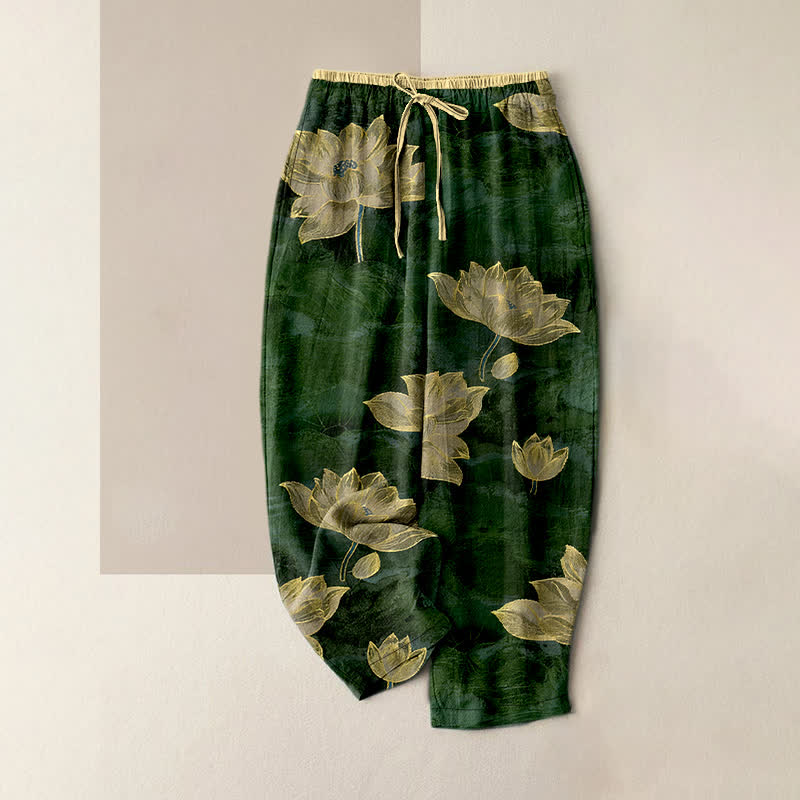 Buddha Stones Pantalon pour femme en pur coton à motif lotus, taille élastique et poches - Vert foncé - US16，UK/AU20，EU48 (3XL) - image 8