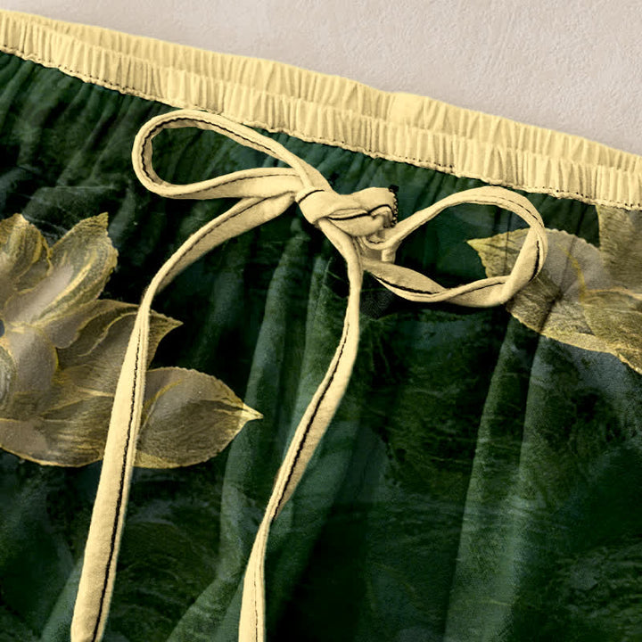 Buddha Stones Pantalon pour femme en pur coton à motif lotus, taille élastique et poches - image 9