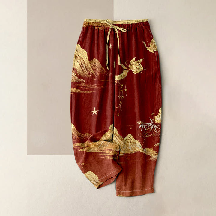 Buddha Stones Pantalon pour femme en coton, motif papillon, lune et montagne, taille élastique et poches - Rouge foncé - US16，UK/AU20，EU48 (3XL) - image 3