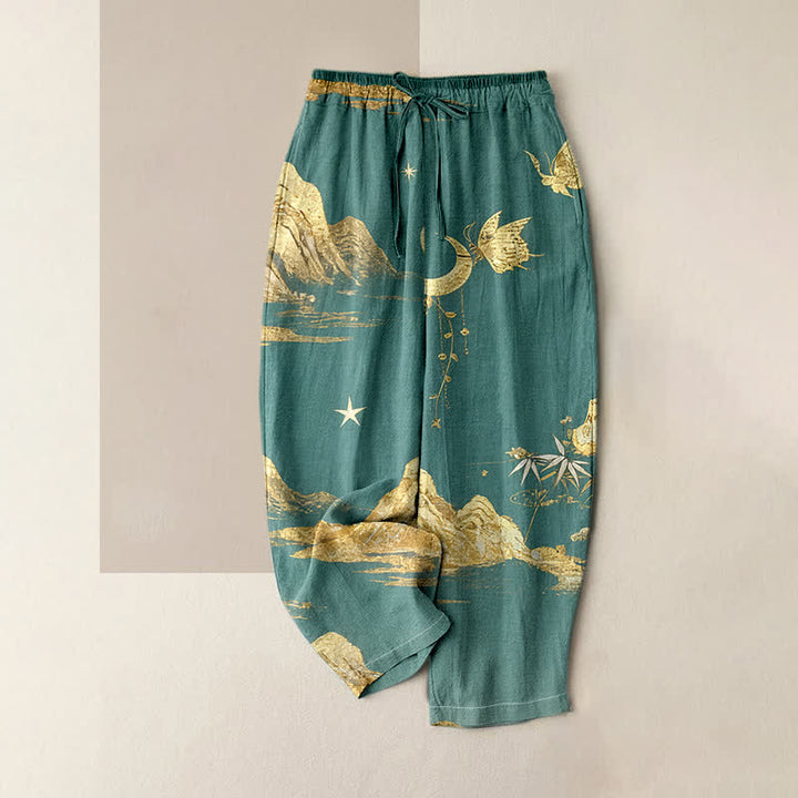 Buddha Stones Pantalon pour femme en coton, motif papillon, lune et montagne, taille élastique et poches - Vert clair - US16，UK/AU20，EU48 (3XL) - image 0