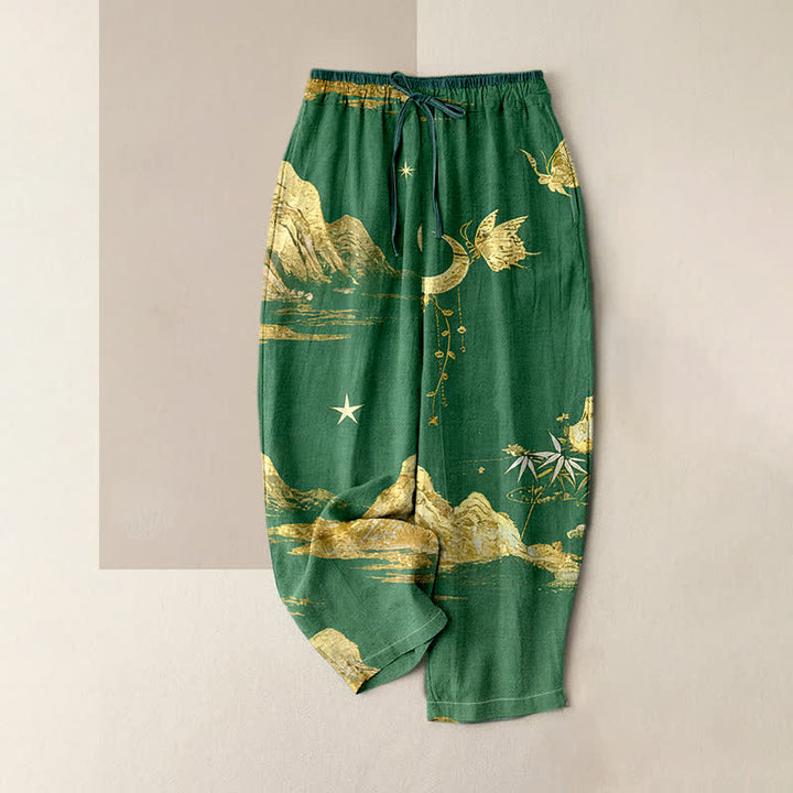 Buddha Stones Pantalon pour femme en coton, motif papillon, lune et montagne, taille élastique et poches - Vert mer moyen - US16，UK/AU20，EU48 (3XL) - image 6