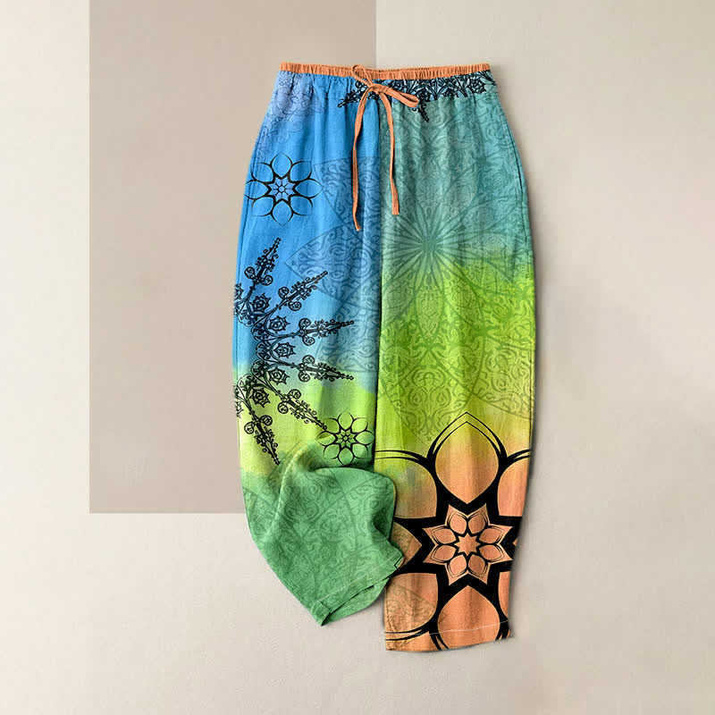 Buddha Stones Pantalon femme en coton imprimé dégradé mandala avec taille élastique et poches - Vert citron - US16，UK/AU20，EU48 (3XL) - image 0
