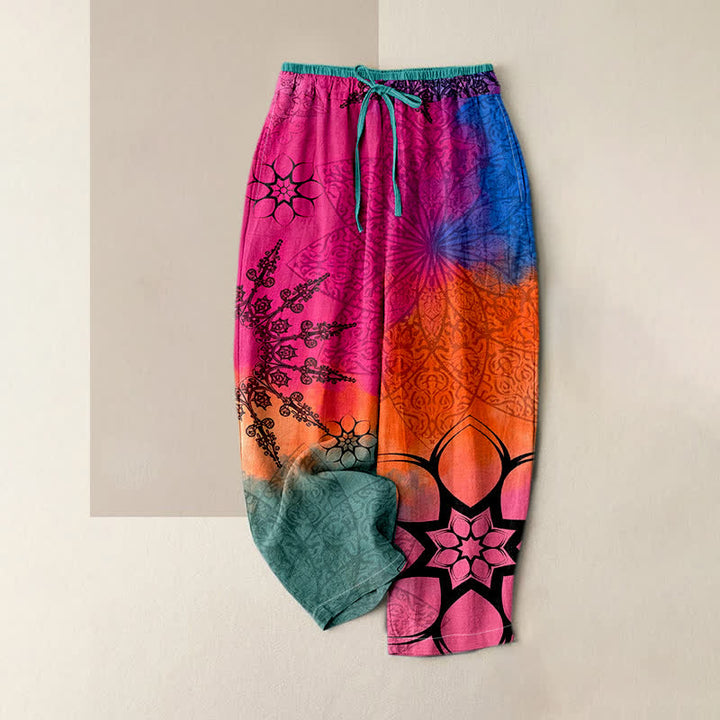 Buddha Stones Pantalon femme en coton imprimé dégradé mandala avec taille élastique et poches - Rose foncé - US16，UK/AU20，EU48 (3XL) - image 3