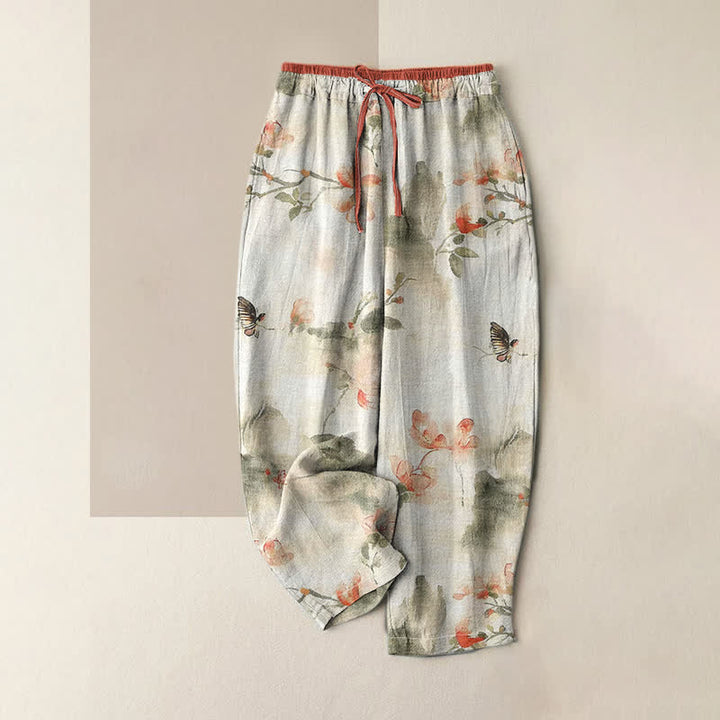 Buddha Stones Pantalon pour femme en pur coton imprimé de papillons et de fleurs, avec poches - Lin - US16，UK/AU20，EU48 (3XL) - image 0