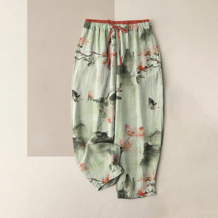 Buddha Stones Pantalon pour femme en pur coton imprimé de papillons et de fleurs, avec poches - Melon miellat - US16，UK/AU20，EU48 (3XL) - image 3