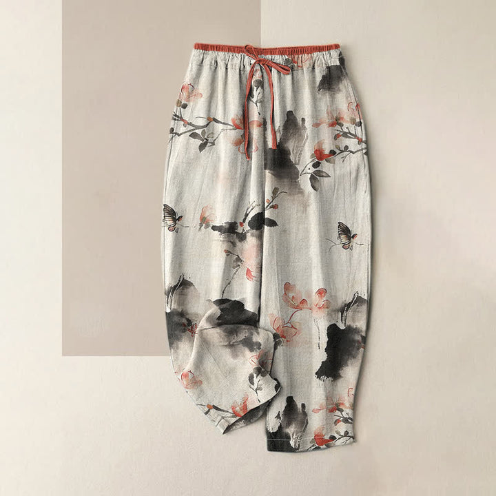 Buddha Stones Pantalon pour femme en pur coton imprimé de papillons et de fleurs, avec poches - Gainsboro - US16，UK/AU20，EU48 (3XL) - image 6