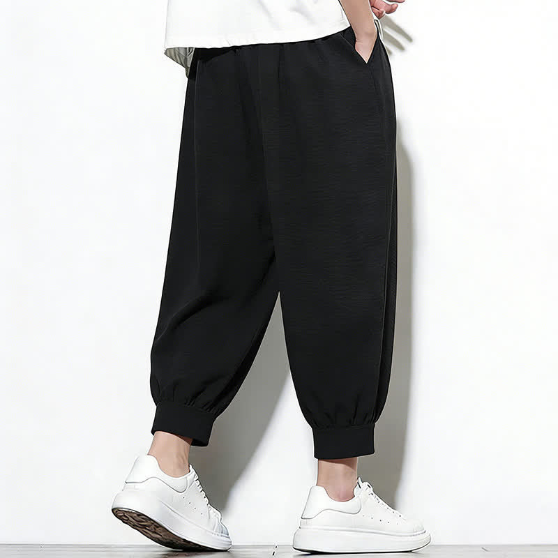 Buddha Stones Pantalon Capri harem pour homme, couleur unie, style printemps, cordon de serrage élastique - image 26