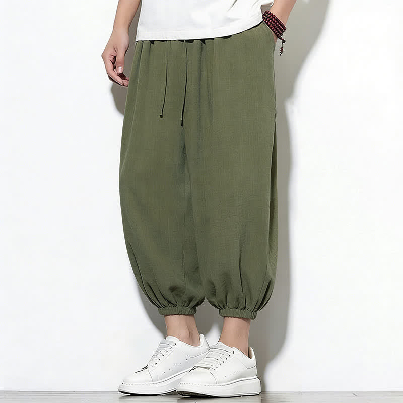 Buddha Stones Pantalon Capri harem pour homme, couleur unie, style printemps, cordon de serrage élastique - Vert olive foncé - US/UK/AU46，EU56 (5XL) - image 0