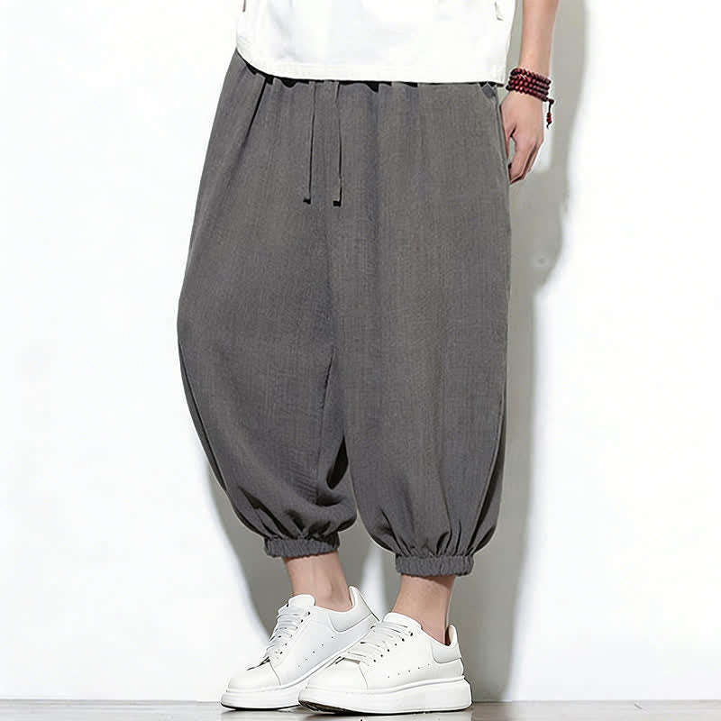 Buddha Stones Pantalon Capri harem pour homme, couleur unie, style printemps, cordon de serrage élastique - Gris terne - US/UK/AU46，EU56 (5XL) - image 9