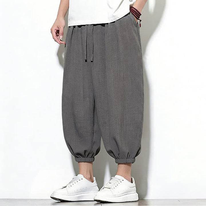 Buddha Stones Pantalon Capri harem pour homme, couleur unie, style printemps, cordon de serrage élastique - image 10