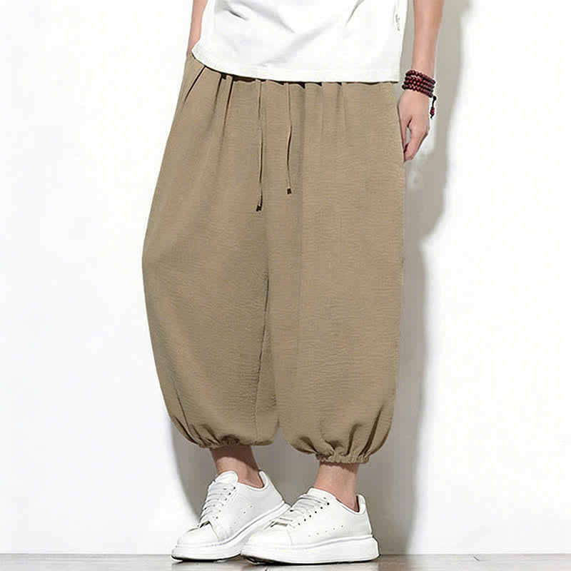 Buddha Stones Pantalon Capri harem pour homme, couleur unie, style printemps, cordon de serrage élastique - image 35