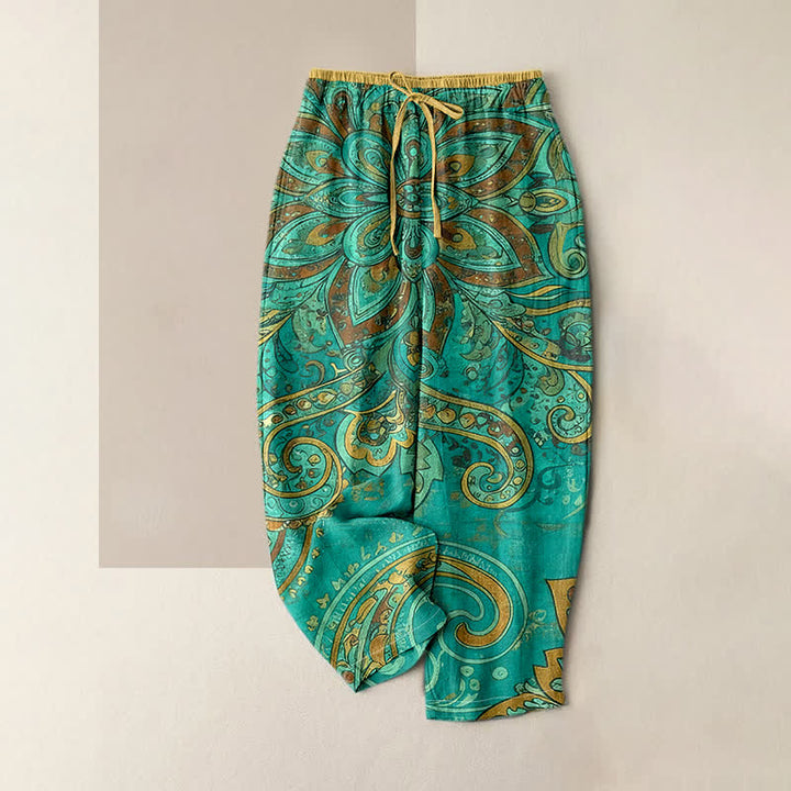Buddha Stones Pantalon pour femme en coton à motif cachemire mandala, taille élastique et poches - Vert clair - US16，UK/AU20，EU48 (3XL) - image 0