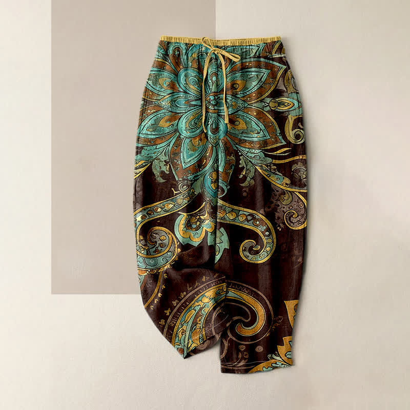Buddha Stones Pantalon pour femme en coton à motif cachemire mandala, taille élastique et poches - SaddleBrown - US16，UK/AU20，EU48 (3XL) - image 3