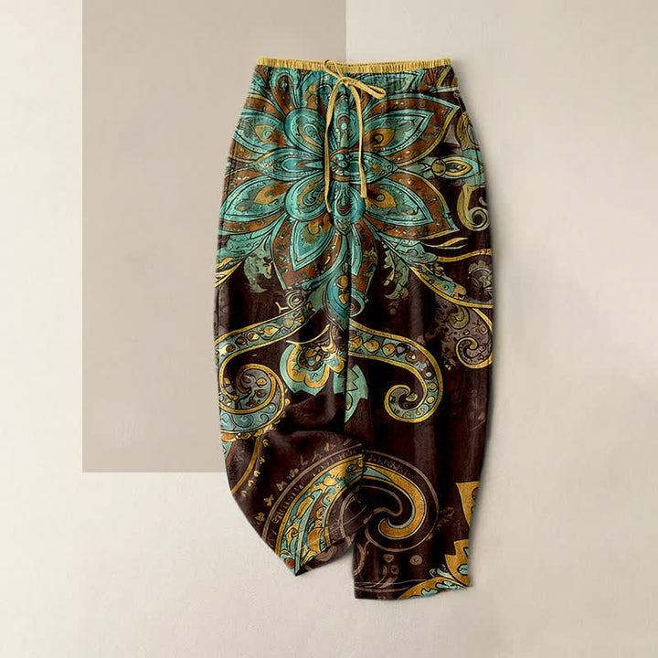 Buddha Stones Pantalon pour femme en coton à motif cachemire mandala, taille élastique et poches - SaddleBrown - US16，UK/AU20，EU48 (3XL) - image 3