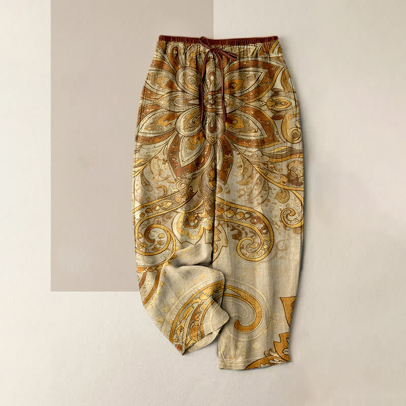 Buddha Stones Pantalon pour femme en coton à motif cachemire mandala, taille élastique et poches - Jaune d'or pâle - US16，UK/AU20，EU48 (3XL) - image 6