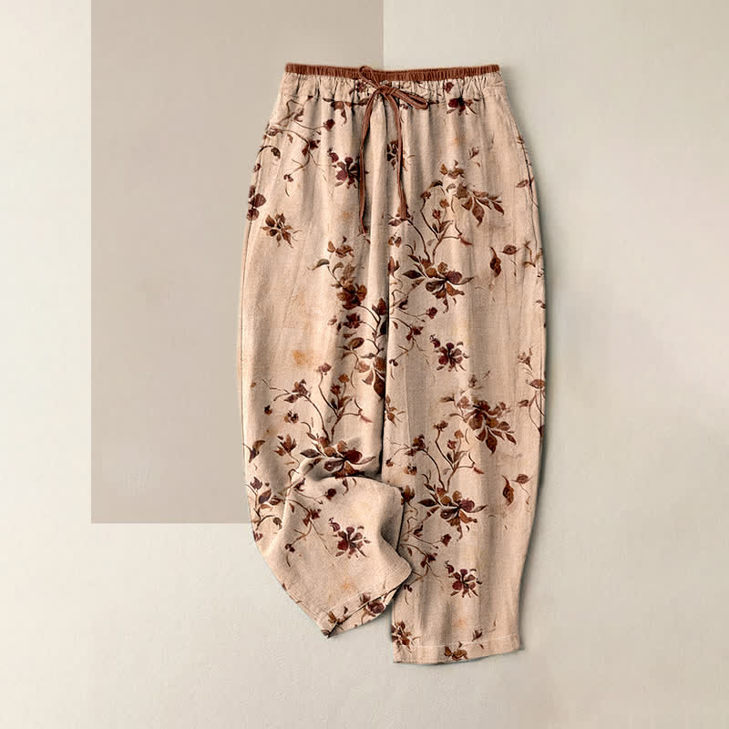 Buddha Stones Pantalon femme en pur coton, motif floral rétro, taille élastique et poches - PeachPuff - US16，UK/AU20，EU48 (3XL) - image 6