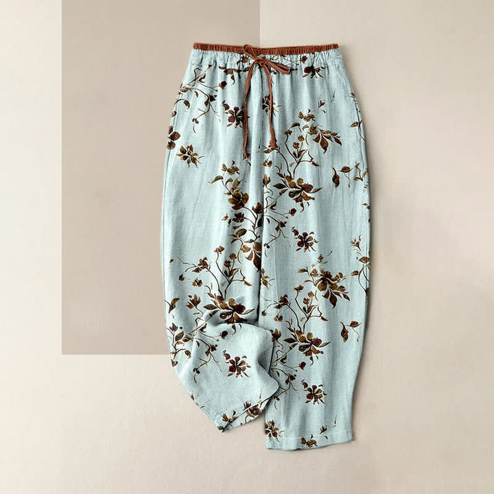 Buddha Stones Pantalon femme en pur coton, motif floral rétro, taille élastique et poches - Cyan clair - US16，UK/AU20，EU48 (3XL) - image 3