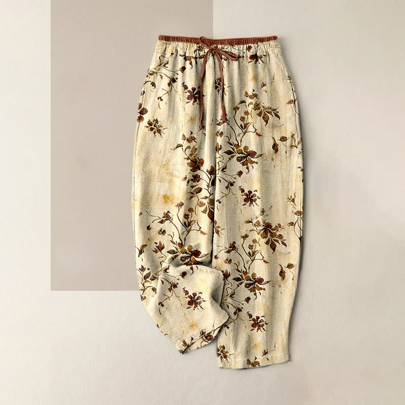 Buddha Stones Pantalon femme en pur coton, motif floral rétro, taille élastique et poches - LemonChiffon - US16，UK/AU20，EU48 (3XL) - image 0