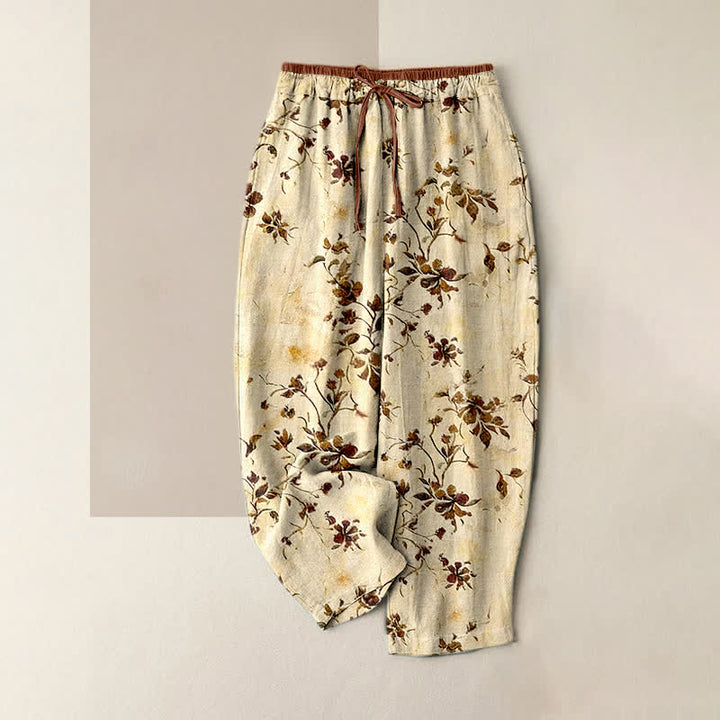 Buddha Stones Pantalon femme en pur coton, motif floral rétro, taille élastique et poches - LemonChiffon - US16，UK/AU20，EU48 (3XL) - image 0
