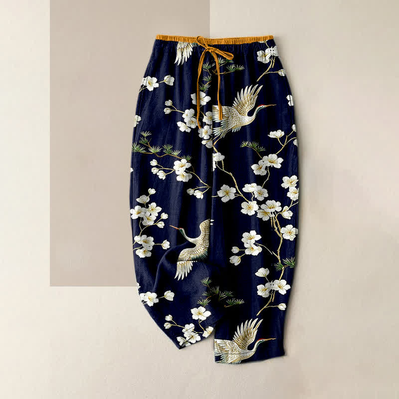 Buddha Stones Pantalon pour femme en pur coton à motif de fleurs de prunier et taille élastique, avec poches - Bleu nuit - US16，UK/AU20，EU48 (3XL) - image 0