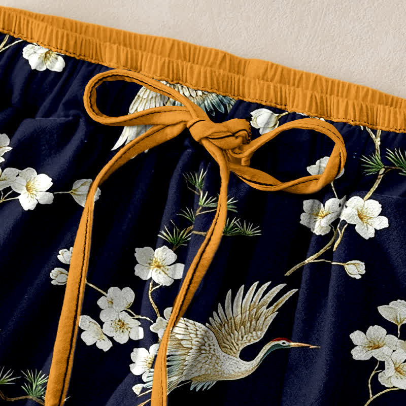 Buddha Stones Pantalon pour femme en pur coton à motif de fleurs de prunier et taille élastique, avec poches - image 1
