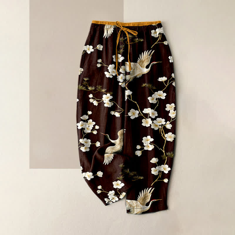 Buddha Stones Pantalon pour femme en pur coton à motif de fleurs de prunier et taille élastique, avec poches - Bordeaux - US16，UK/AU20，EU48 (3XL) - image 4