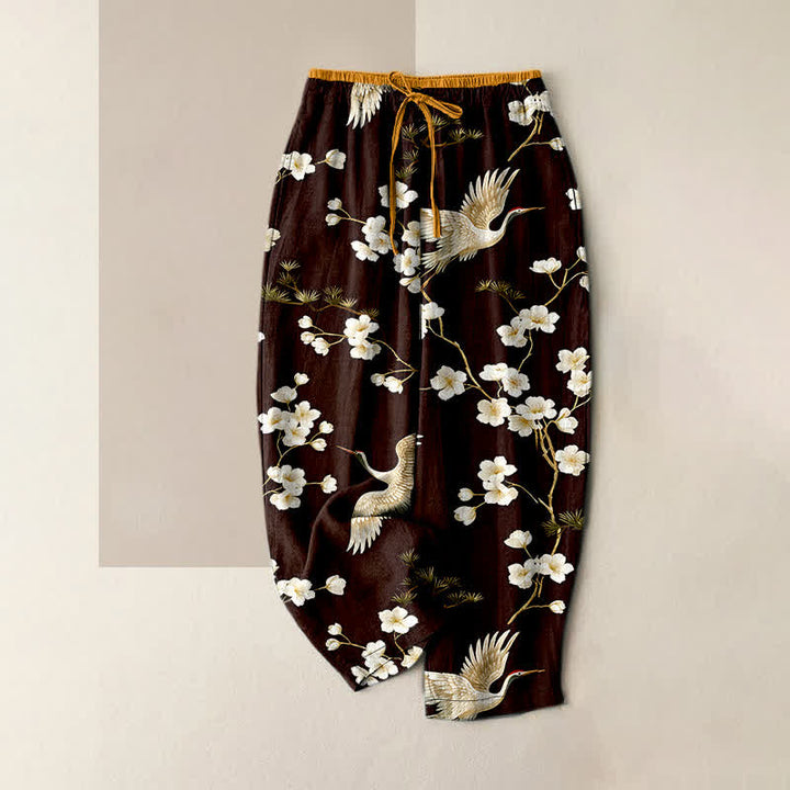 Buddha Stones Pantalon pour femme en pur coton à motif de fleurs de prunier et taille élastique, avec poches - Bordeaux - US16，UK/AU20，EU48 (3XL) - image 4