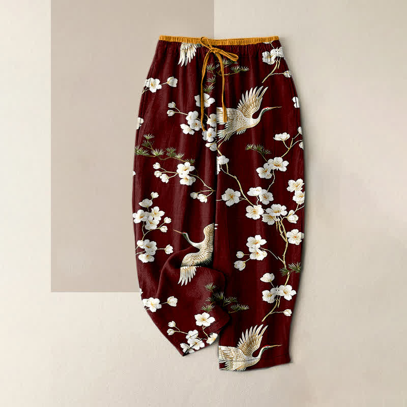 Buddha Stones Pantalon pour femme en pur coton à motif de fleurs de prunier et taille élastique, avec poches - SaddleBrown - US16，UK/AU20，EU48 (3XL) - image 8